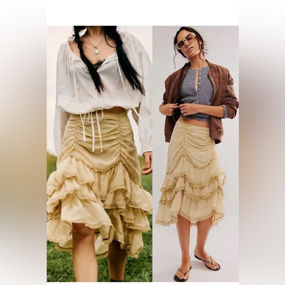 Free People Cream Ruffled High-Low Tiered Skirt NWT